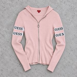 Y2K Guess Pink Ribbed Zip Hoodie L Logo Sleeve Sporty Streetwear 2021